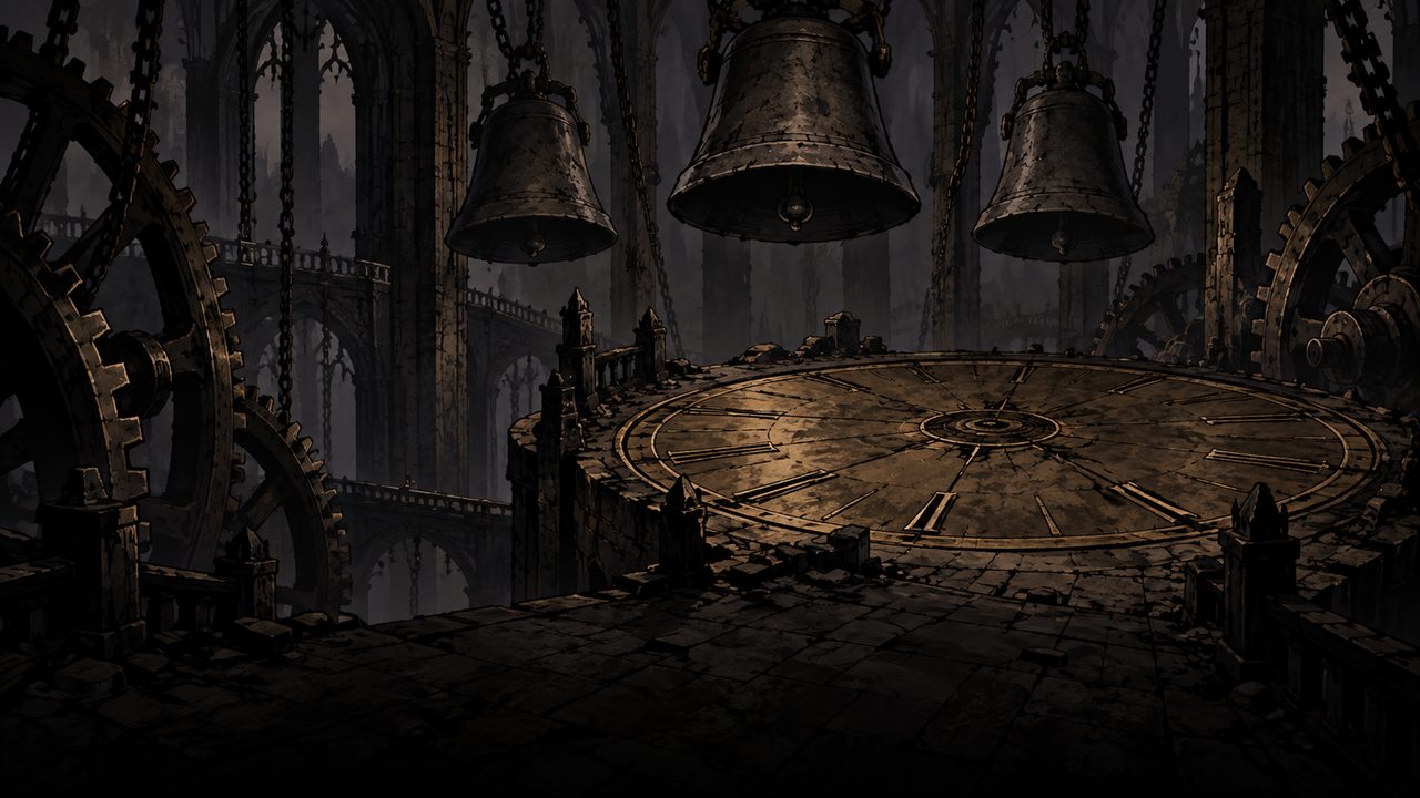 Great bells hang above the clockwork floor of the Midnight Belfry.