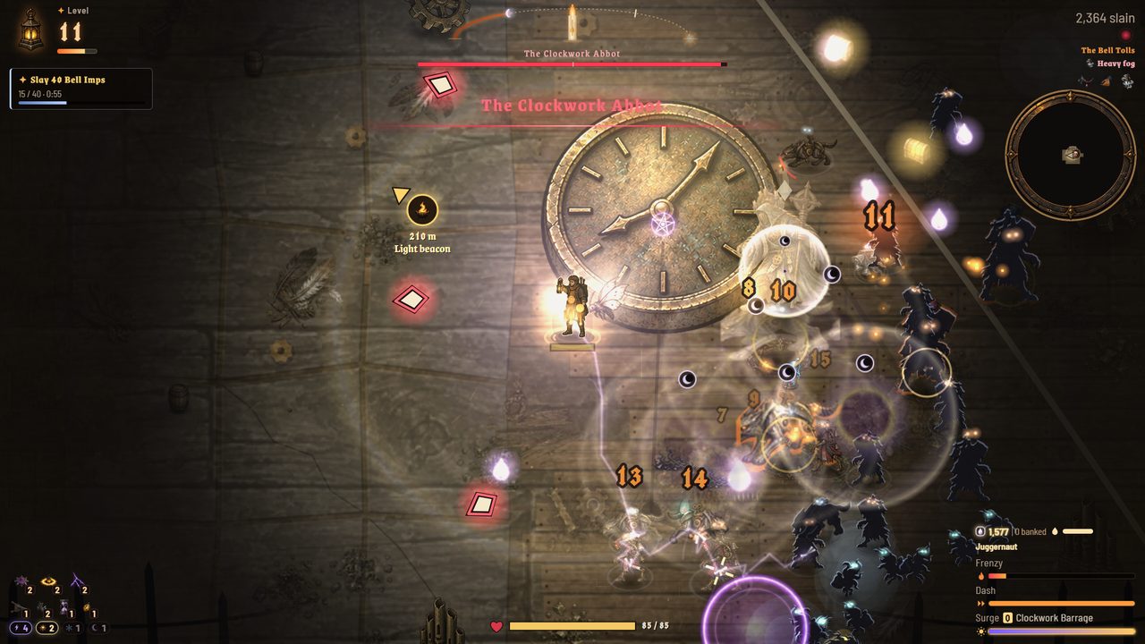 Gameplay: a bearer fights the Clockwork Abbot on the clock floor of the Midnight Belfry.