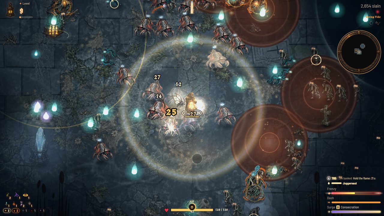 Gameplay: Brother Aldous holds a ring of light on the flooded chapel stones.