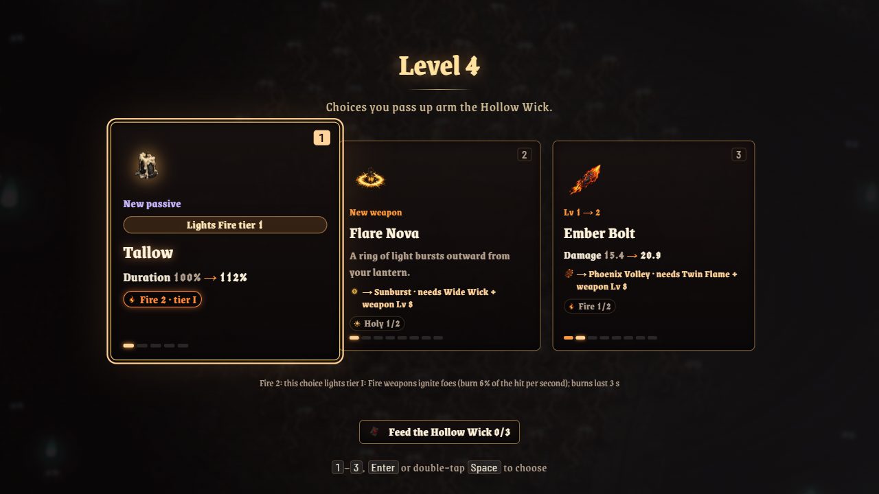 A level-up choice of three cards: a new passive, a new weapon and a weapon upgrade.